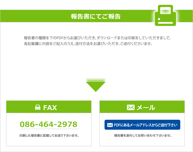 報告書の種類を下のPDFからお選びいただき、ダウンロードまたは印刷をしていただきまして、各記載欄に内容をご記入してください。